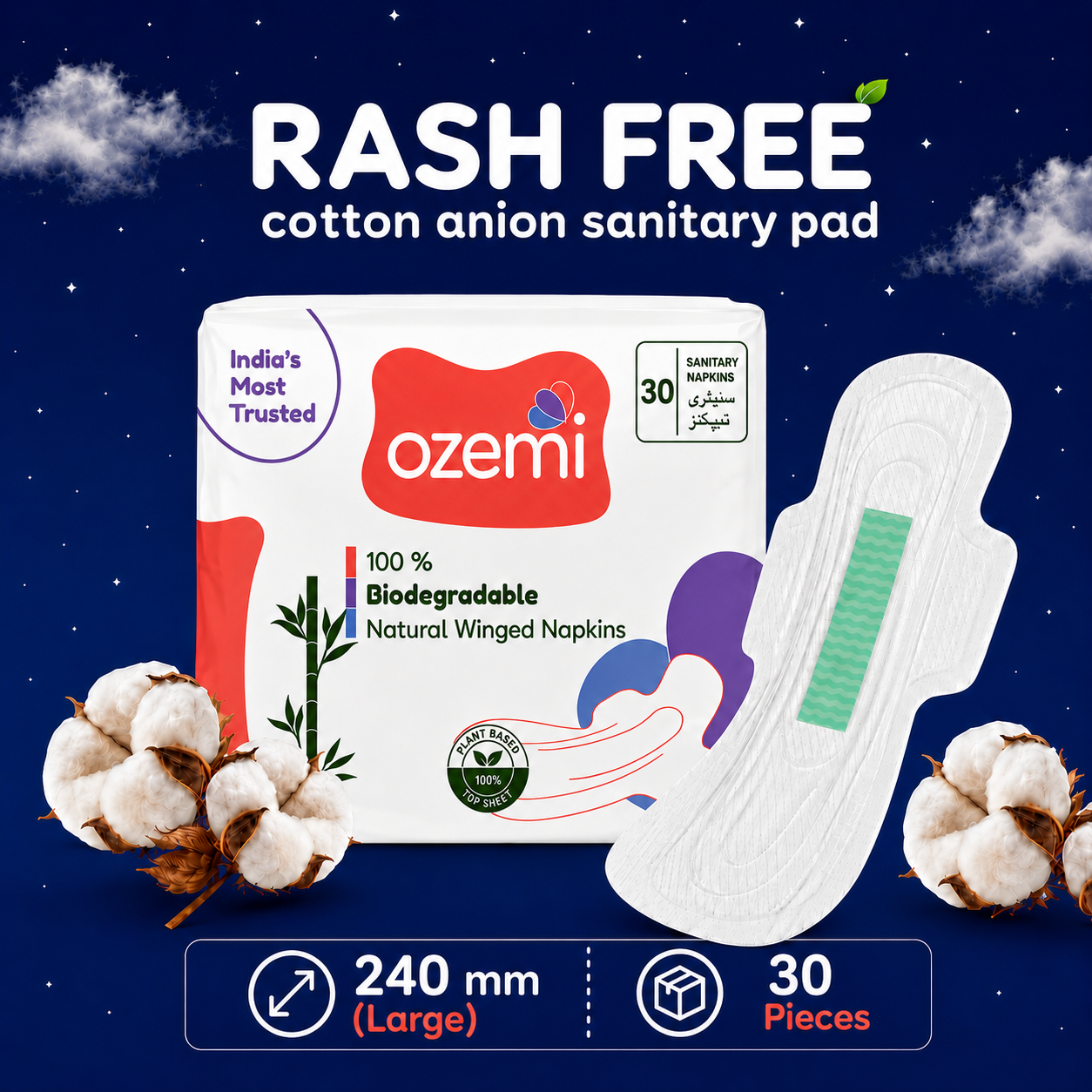 Ozemi Rash-Free Cotton Anion Sanitary Pads ǀ 240 MM (Large)