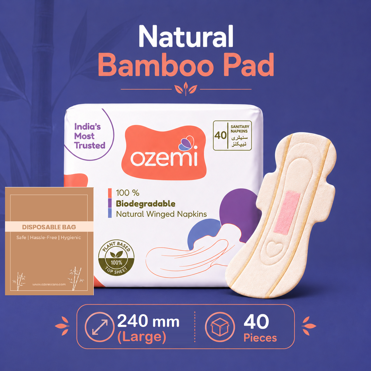 Ozemi Natural Bamboo Biodegradable Sanitary Pads ǀ 250 mm (Large)