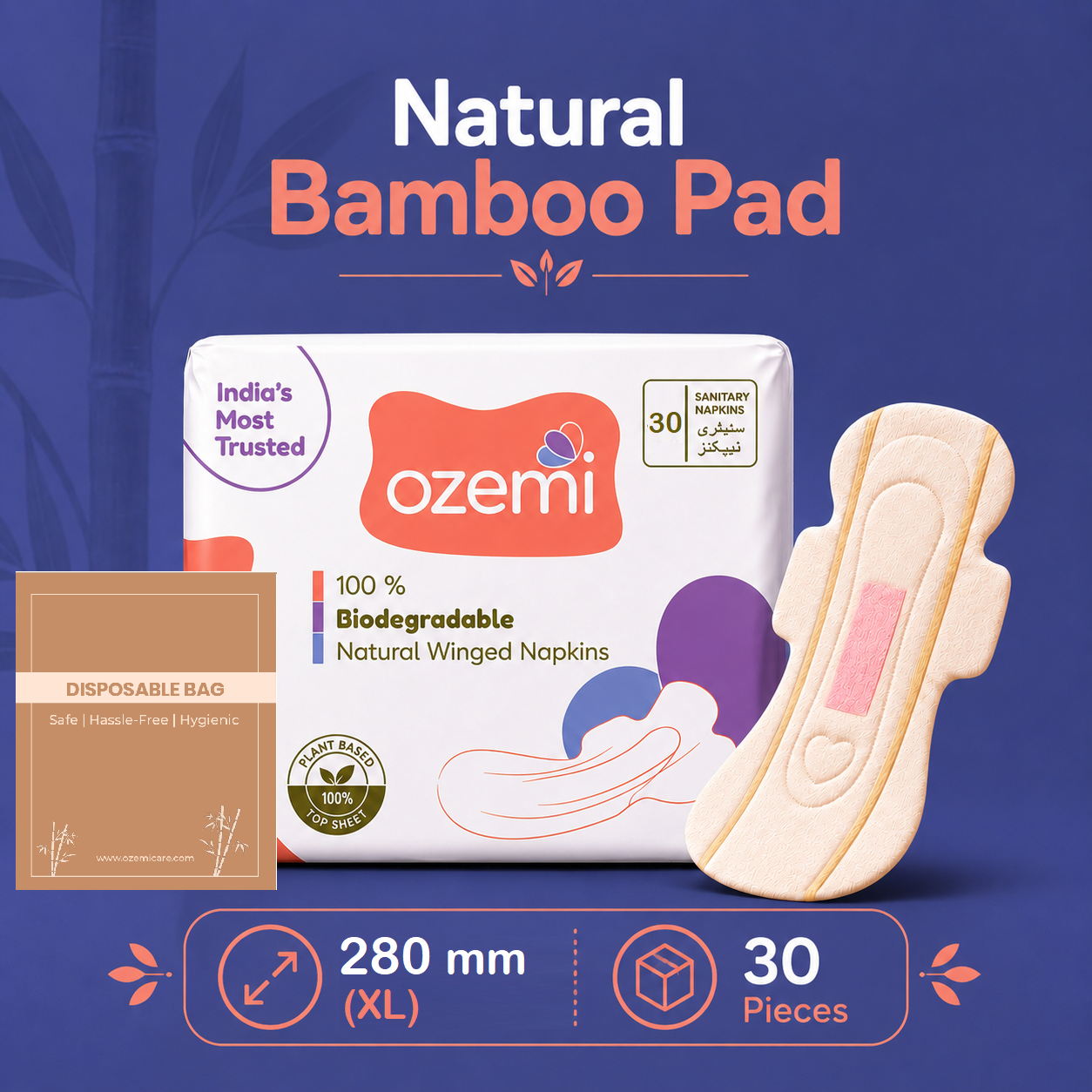 Ozemi Natural Bamboo Biodegradable Sanitary Pads ǀ 280 mm (XL)