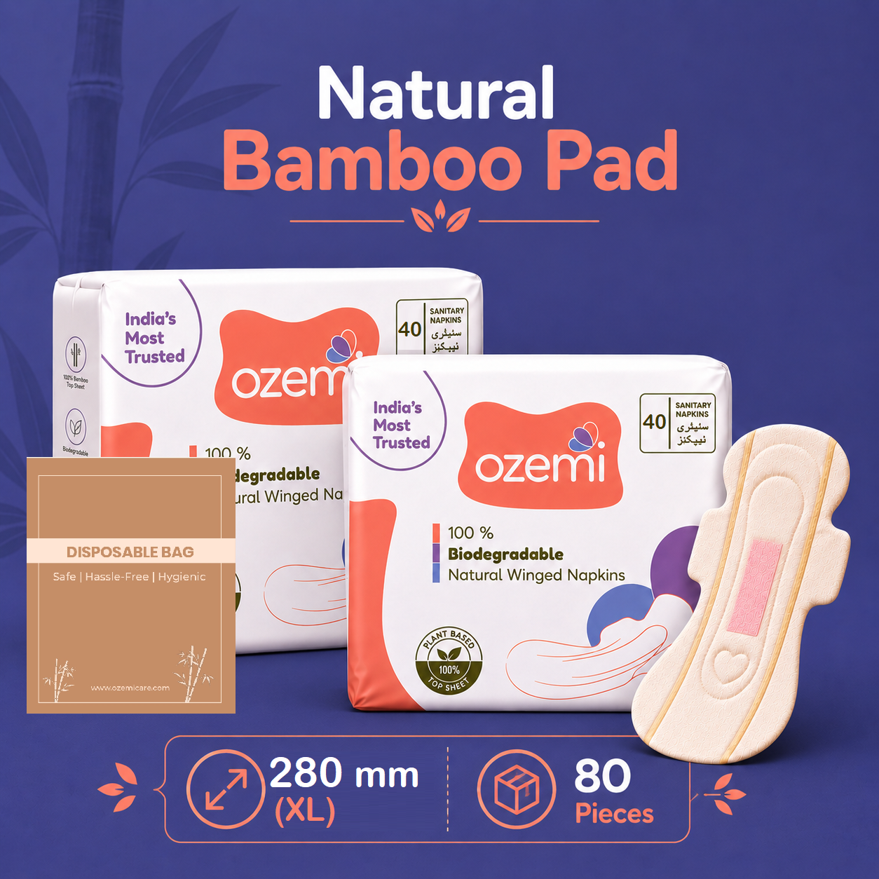 Ozemi Natural Bamboo Biodegradable Sanitary Pads ǀ 280 mm (XL)