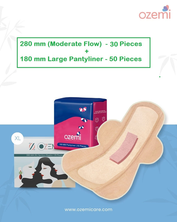 Ozemi Natural Bamboo Biodegradable Sanitary Pads ǀ 280 mm (XL) + 180 mm Large Pantyliner