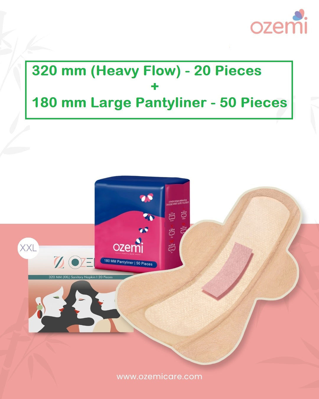 Ozemi Natural Bamboo Biodegradable Sanitary Pads ǀ 320 mm (XXL) + 180 mm Large Pantyliner
