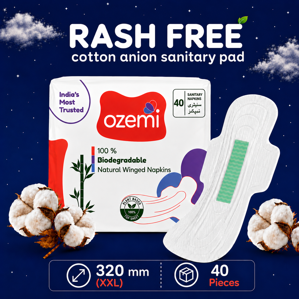 Ozemi Rash-Free Cotton Anion Sanitary Pads ǀ 320 MM (XXL)