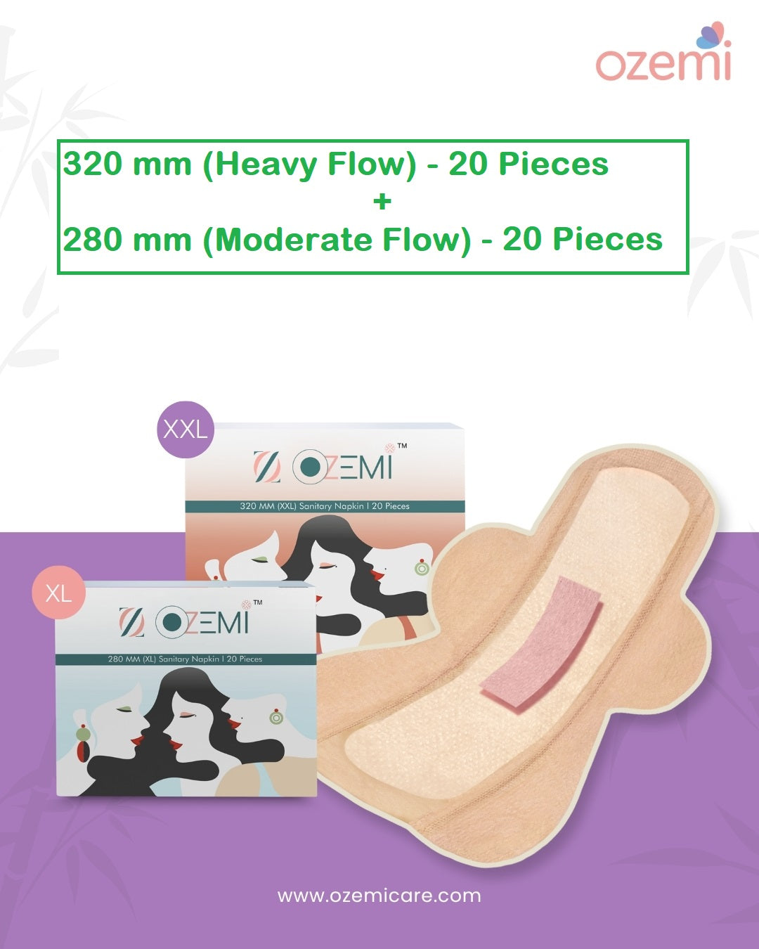 Ozemi Natural Bamboo Biodegradable Sanitary Pads ǀ 320 mm (XXL) + 280 mm (XL)