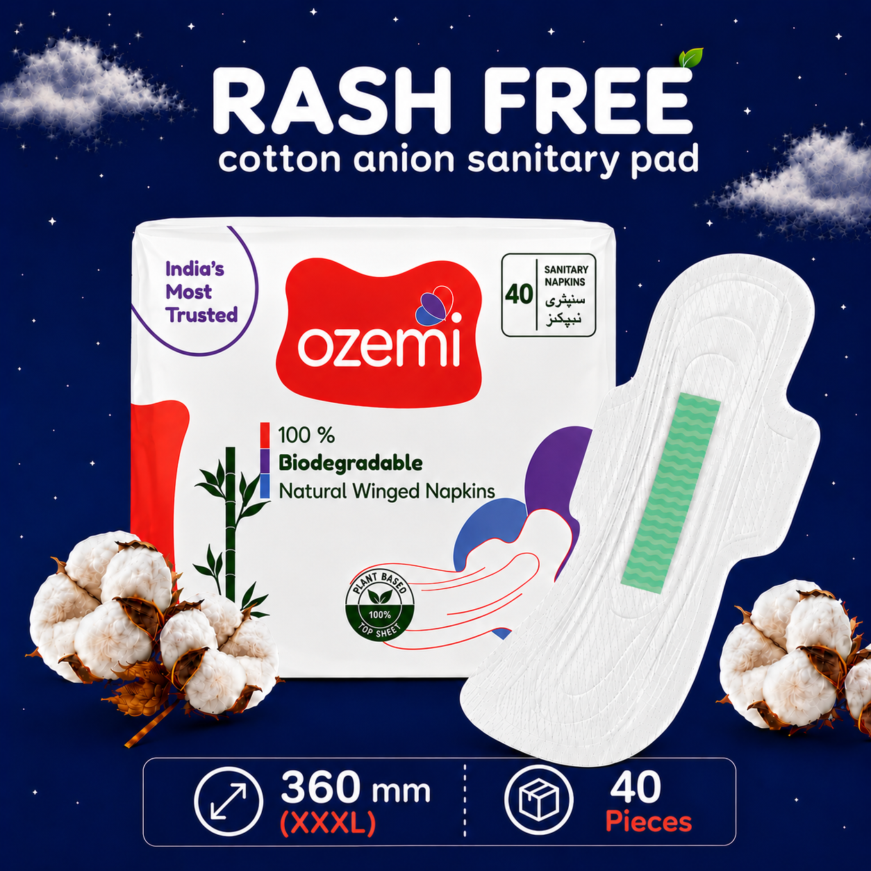 Ozemi Rash-Free Cotton Anion Sanitary Pads ǀ 360 MM (XXXL)
