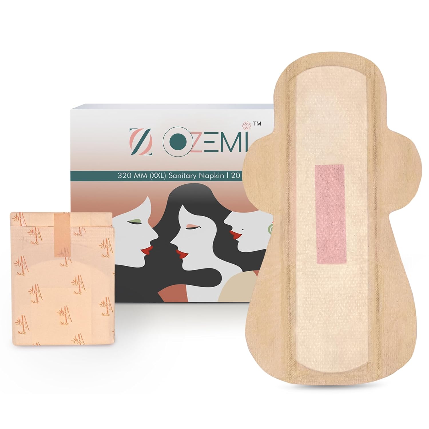 Ozemi Natural Bamboo Biodegradable Sanitary Pads,320 mm (XXL) ǀ 20 Units