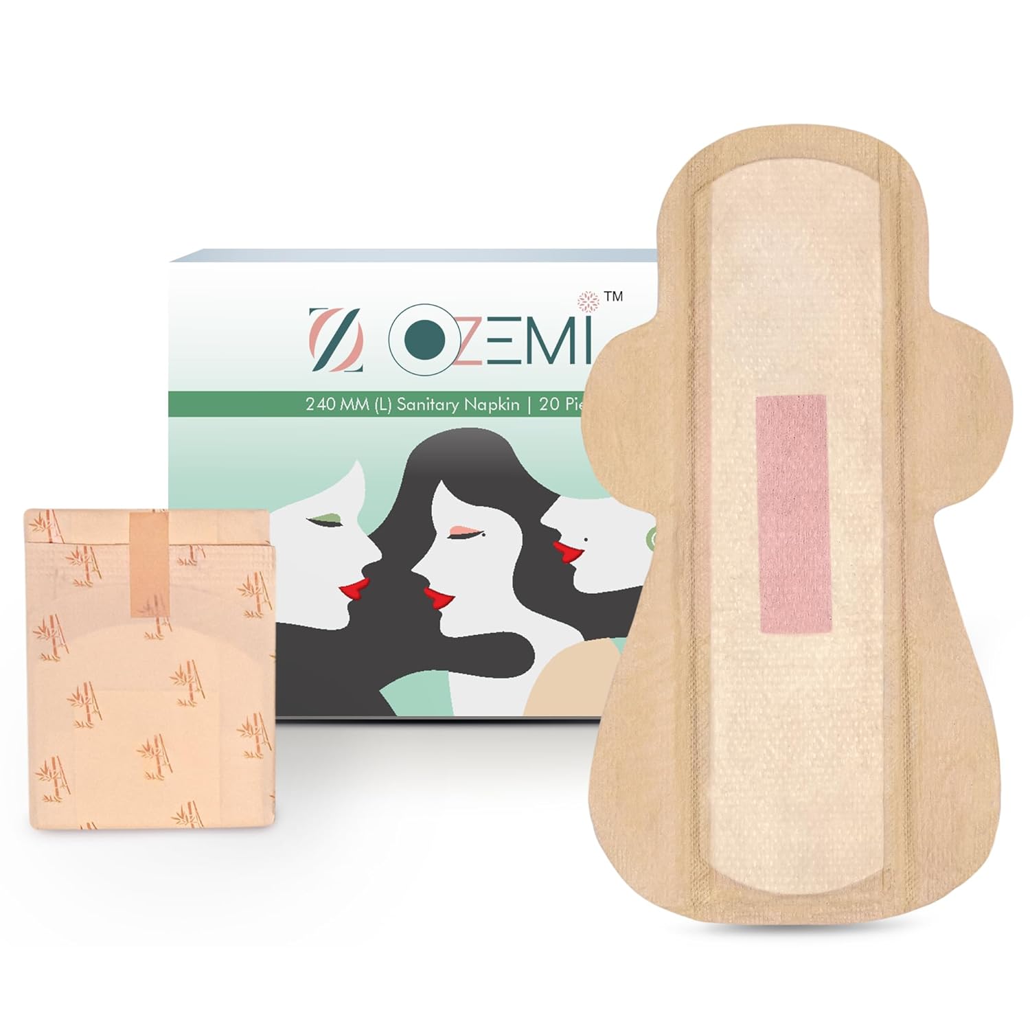 Ozemi Natural Bamboo Biodegradable Sanitary Pads,240 mm (Large)ǀ 20 Units