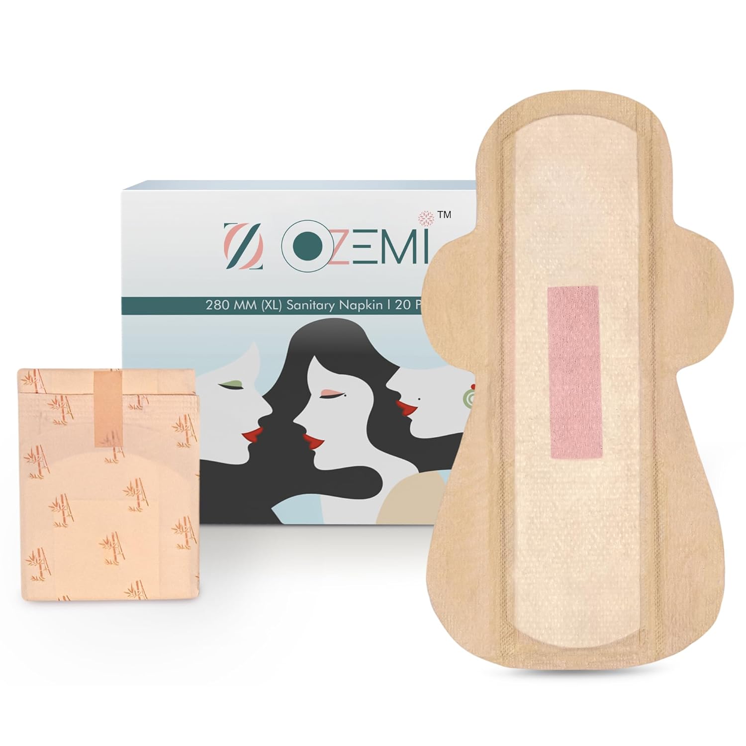 Ozemi Natural Bamboo Biodegradable Sanitary Pads,280 mm (XL) ǀ 20 Units