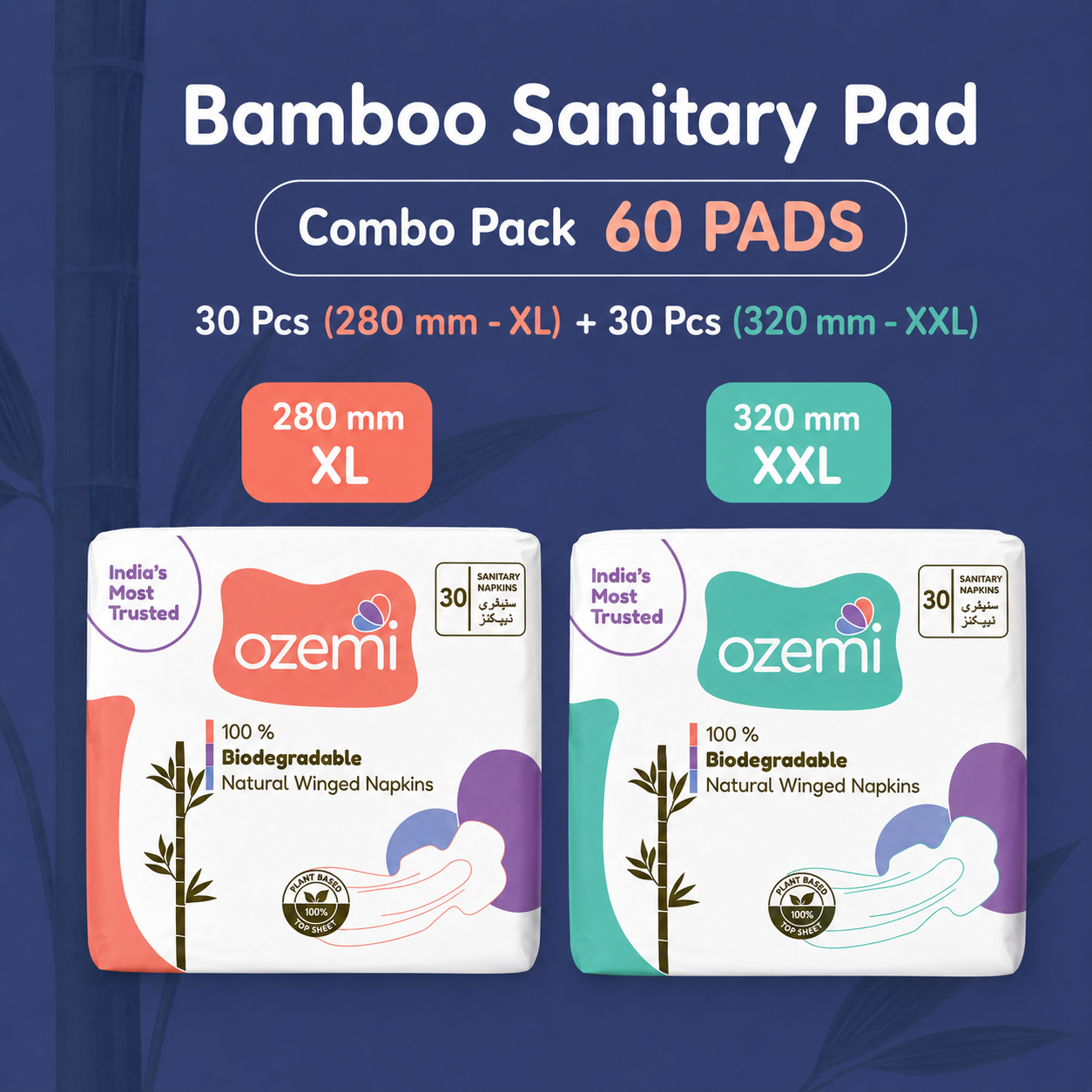 Ozemi Natural Bamboo Biodegradable Sanitary Pads ǀ 320 mm (XXL) + 280 mm (XL)