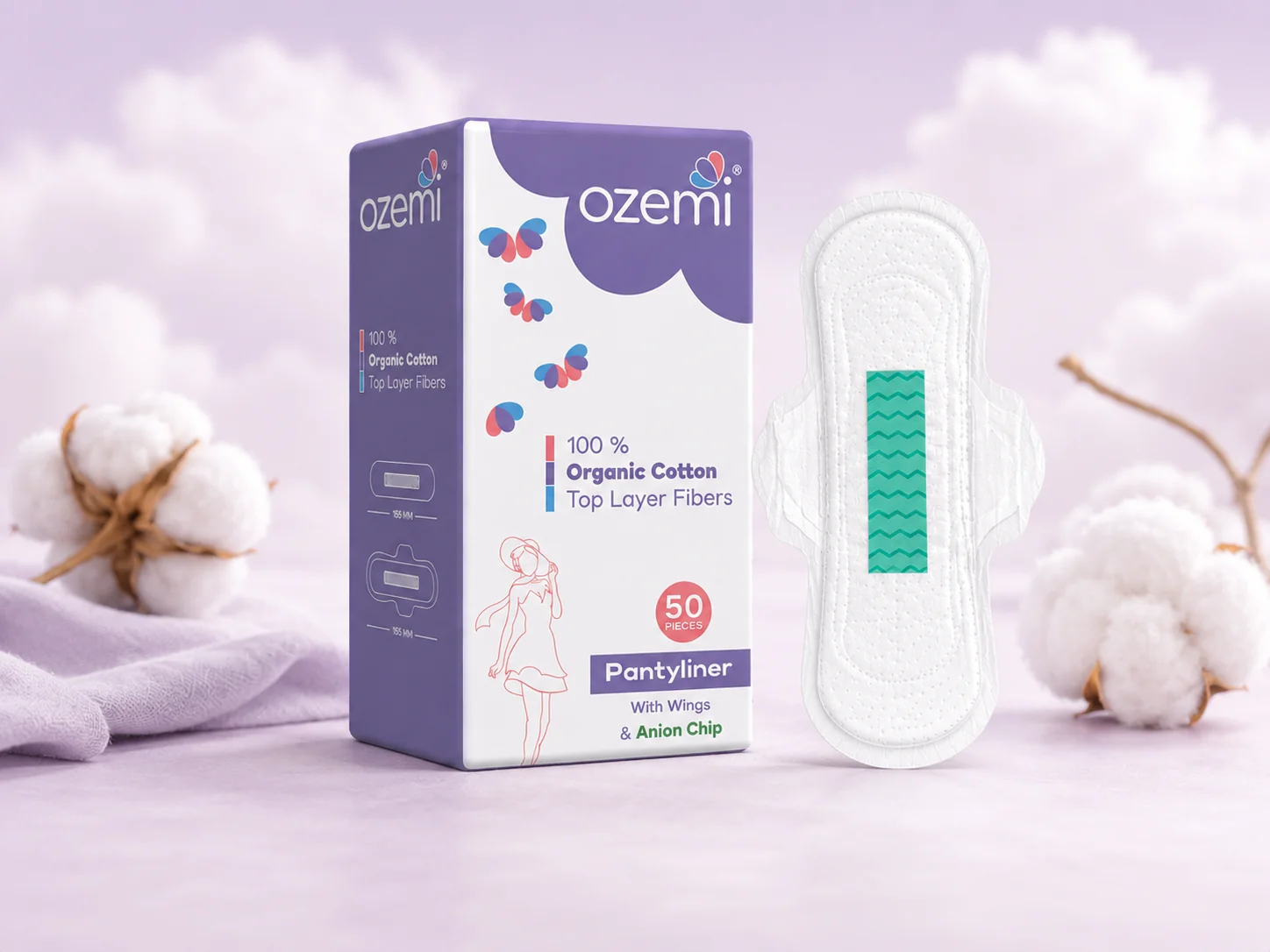 Ozemi Anion Cotton Pantyliner ǀ 180 MM (Large) Pack 50