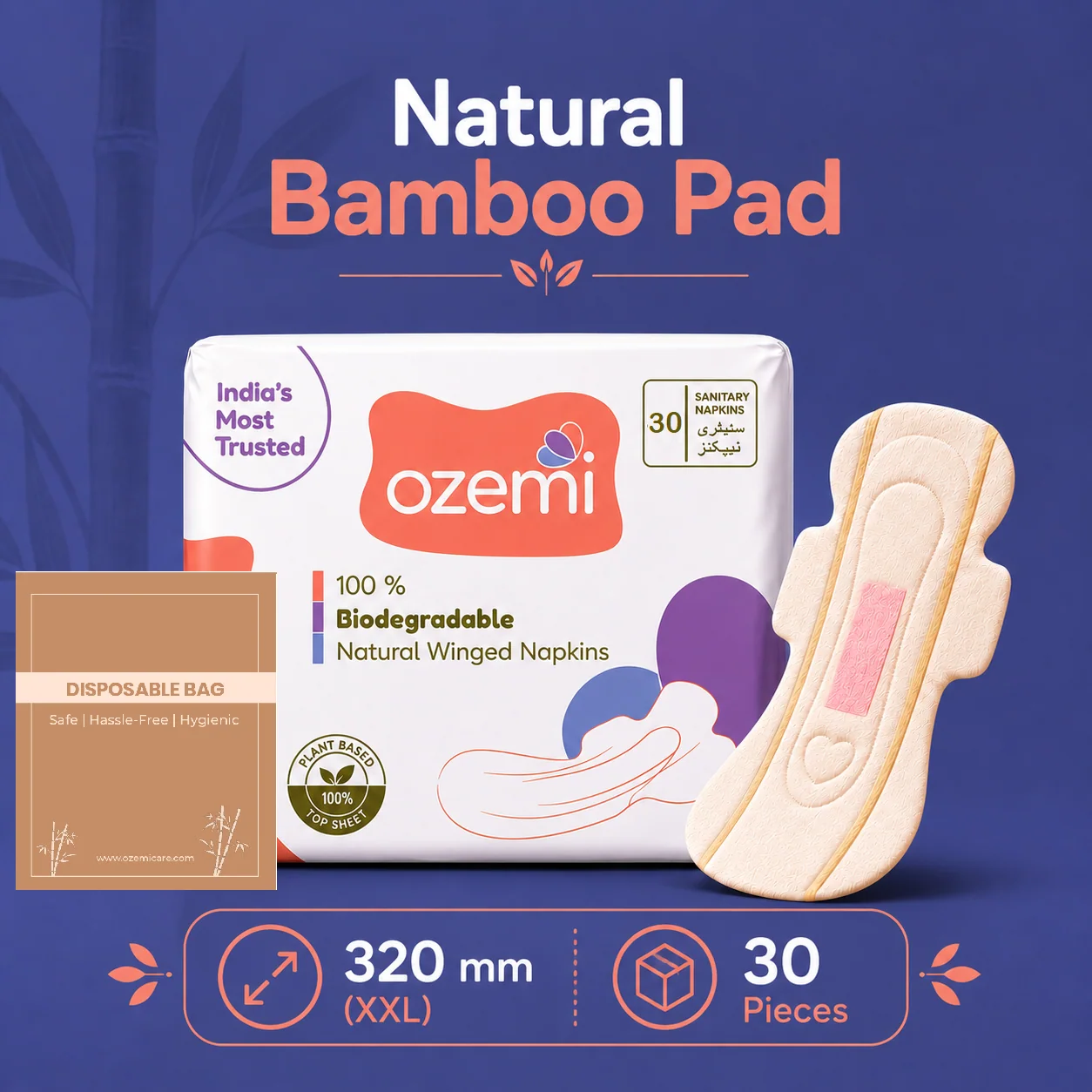 Ozemi Natural Bamboo Biodegradable Sanitary Pads ǀ 320 mm (XXL) Pack 30
